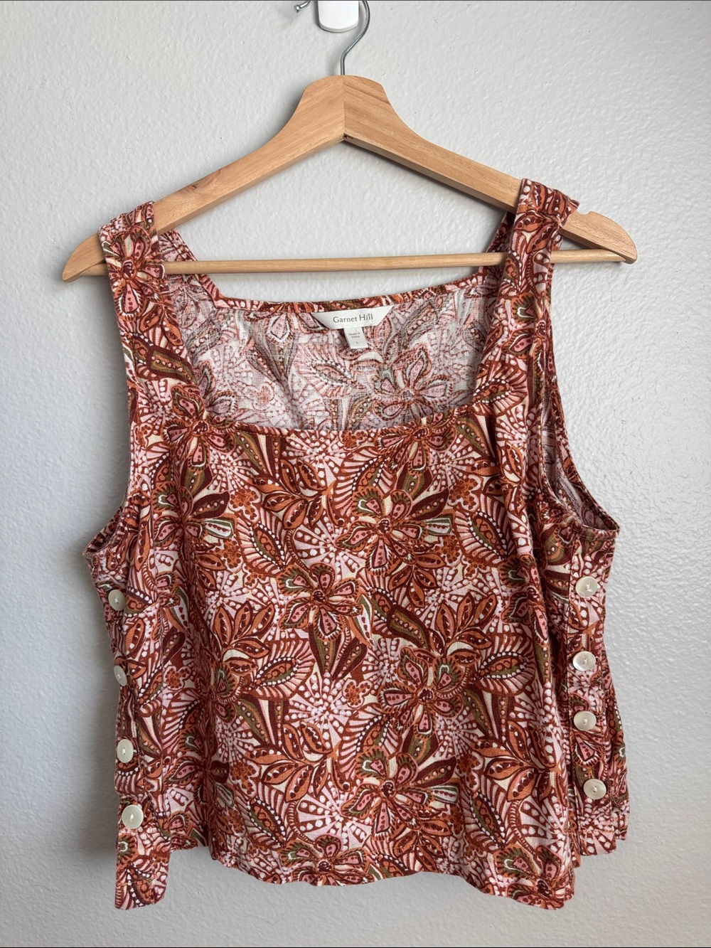 Garnet Hill Sleeveless Floral Button-Side Tank — Rust, Pink, Olive